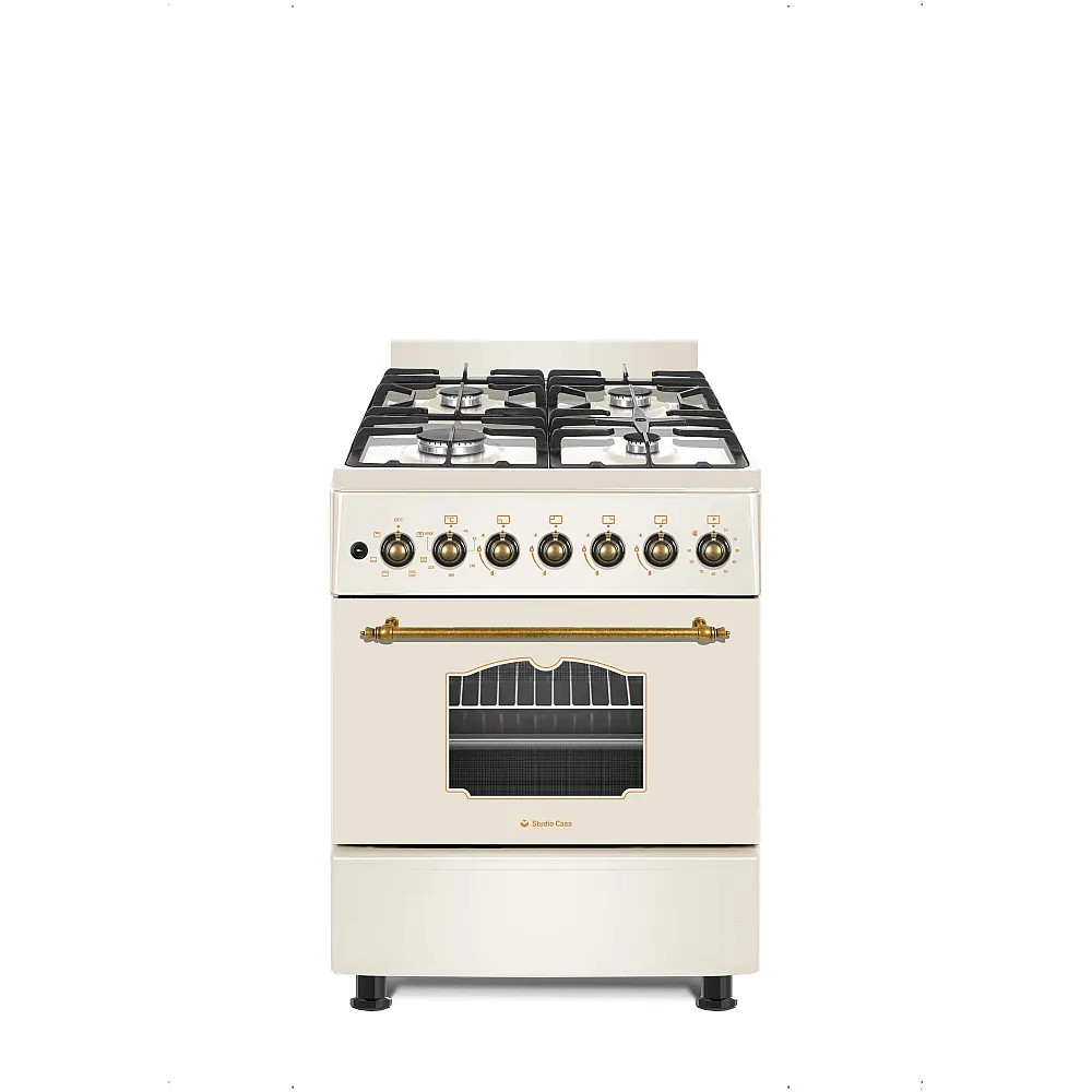 Aragazuri Rustice - Aragaz cu cuptor electric, 4 arzatoare gaz, 57 cm, aprindere electrica, rotisor, ventilator, Beige, Studio Casa