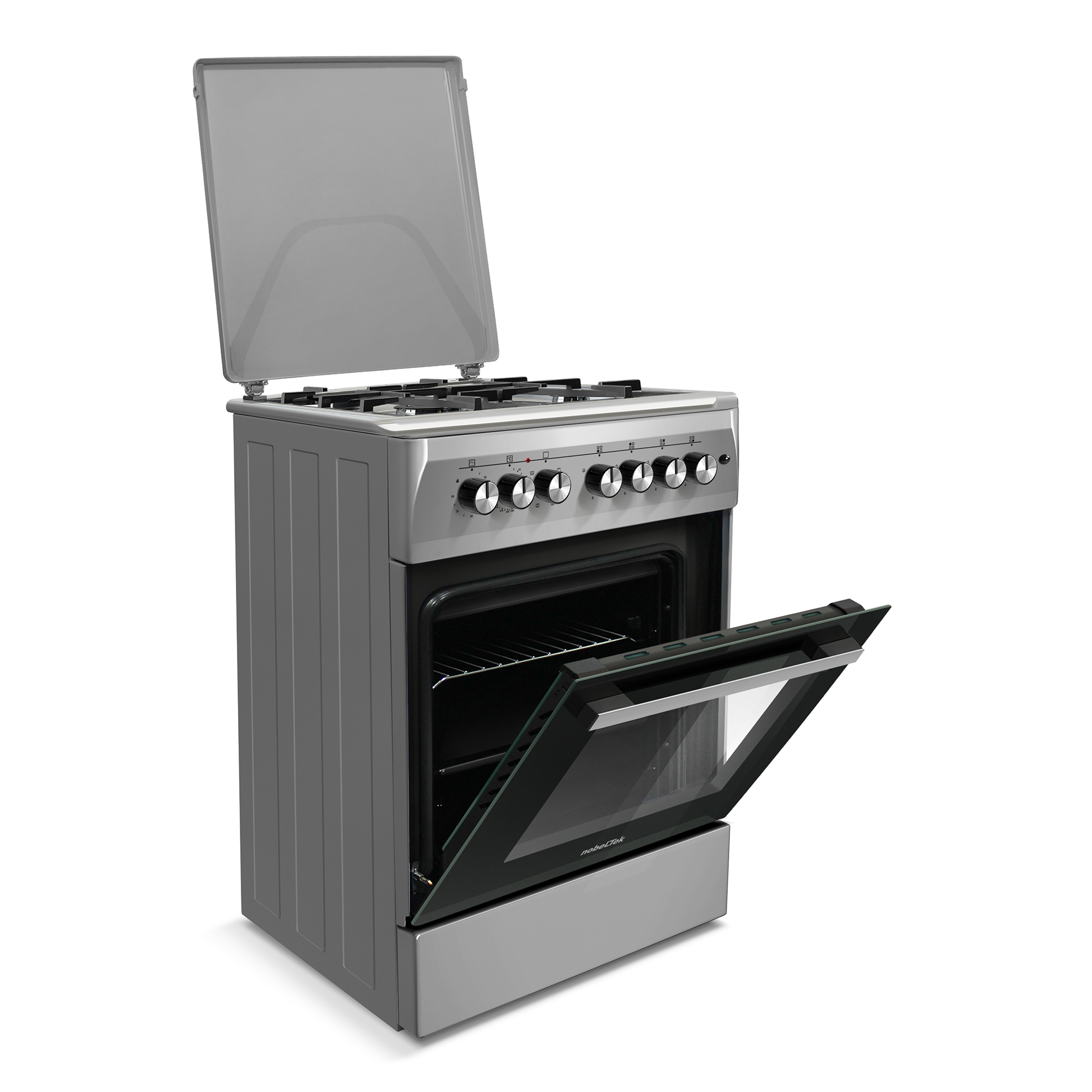 Aragaz cu cuptor electric, 4 arzatoare gaz, 60 cm, gratare fonta, aprindere electrica, ventilator, lumina cuptor, timer, Argintiu, NOBELTEK [3]