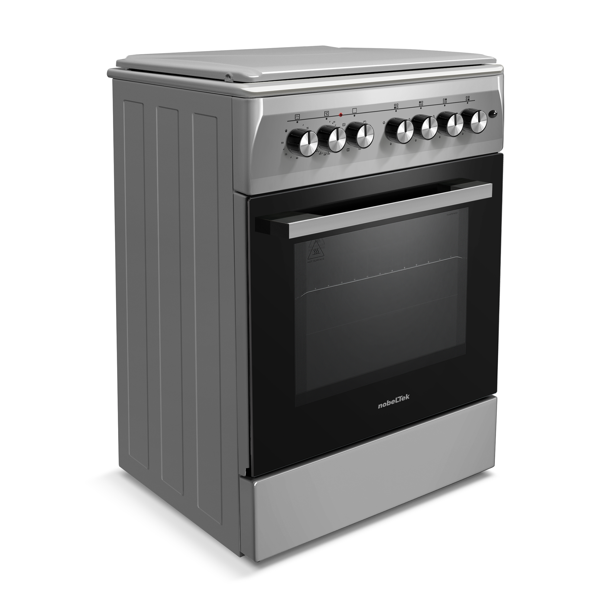 Aragaz cu cuptor electric, 4 arzatoare gaz, 60 cm, gratare fonta, aprindere electrica, ventilator, lumina cuptor, timer, Argintiu, NOBELTEK [4]