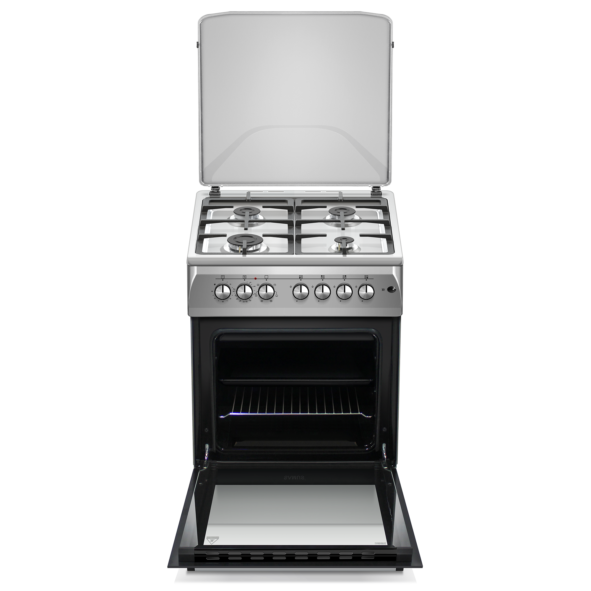 Aragaz cu cuptor electric, 4 arzatoare gaz, 60 cm, gratare fonta, aprindere electrica, ventilator, lumina cuptor, timer, Argintiu, NOBELTEK [2]