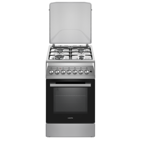 Aragazuri - cuptor electric - Aragaz cu cuptor electric, 4 arzatoare gaz, gratare fonta, aprindere electrica, ventilator, lumina cuptor, timer, Argintiu, NOBELTEK