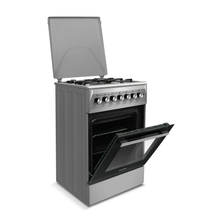 Aragaz cu cuptor electric, 4 arzatoare gaz, gratare fonta, aprindere electrica, ventilator, lumina cuptor, timer, Argintiu, NOBELTEK [3]