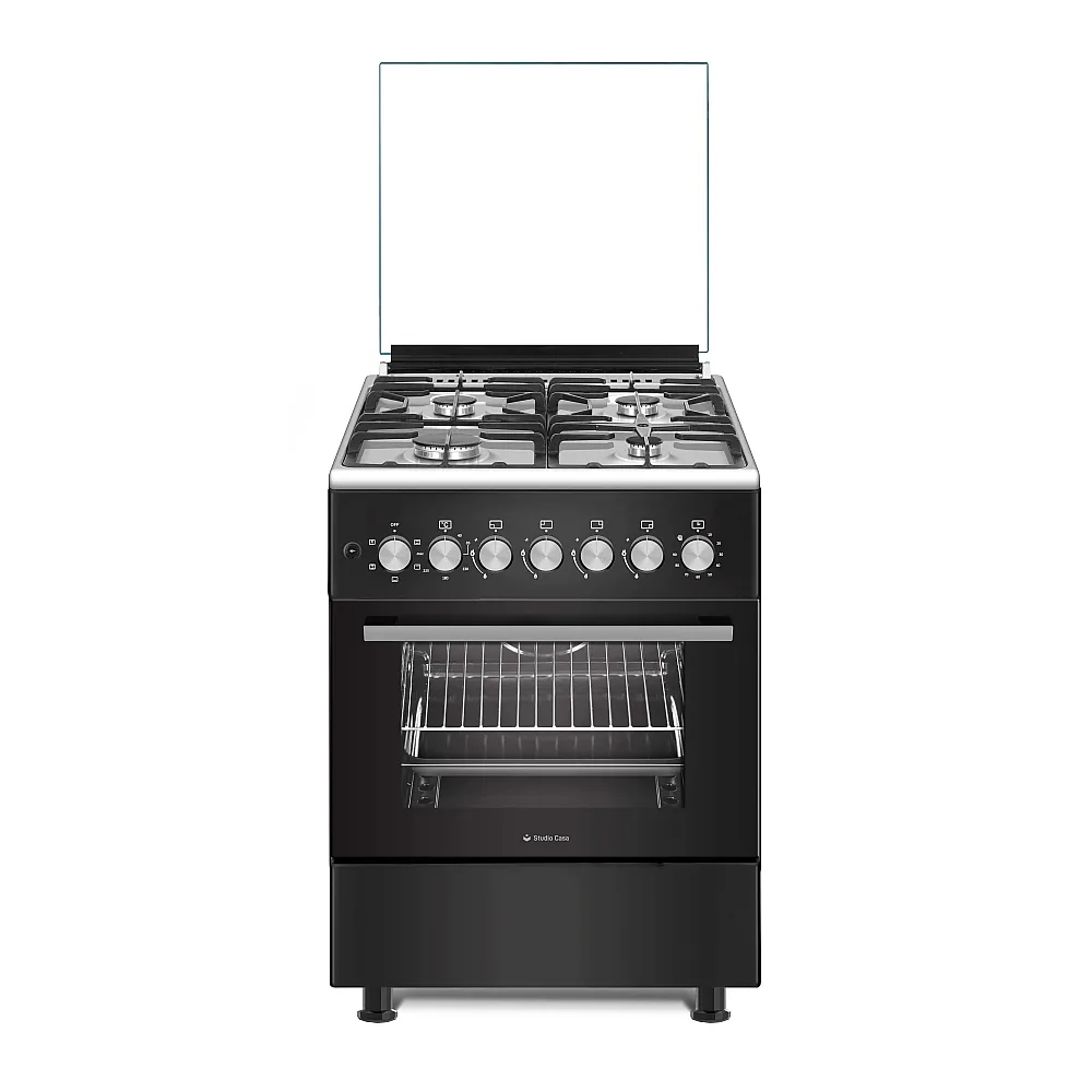 Casa & Gradina - Aragaz cu cuptor electric, 4 arzatoare, plita inox, 57 x 57 cm, rotisor, ventilator, gratate din fonta, aprindere electrica, negru, Studio Casa Bruno