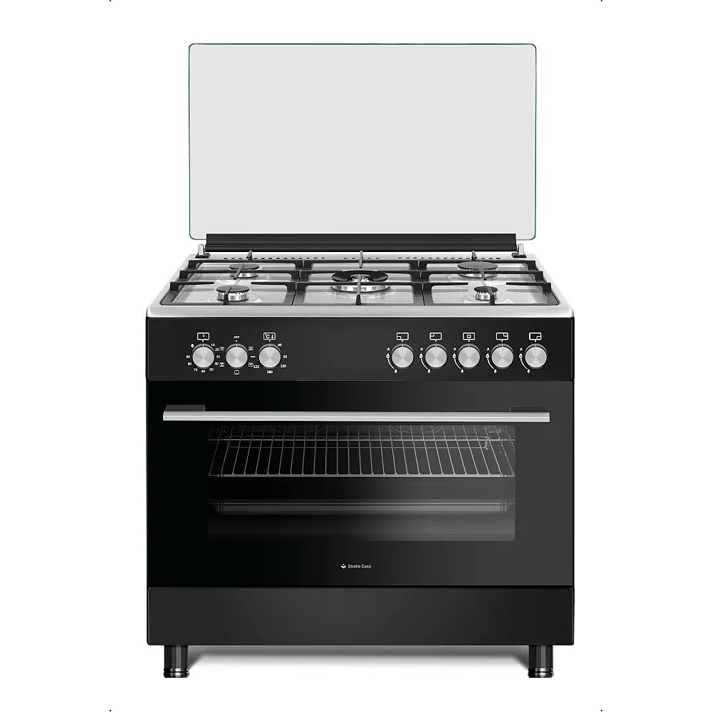 Casa & Gradina - Aragaz cu cuptor electric, 5 arzatoare, aprindere electrica, rotisor, ventilatie, 90 x 60 cm, plita inox, gratare fonta, Studio Casa Bergamo