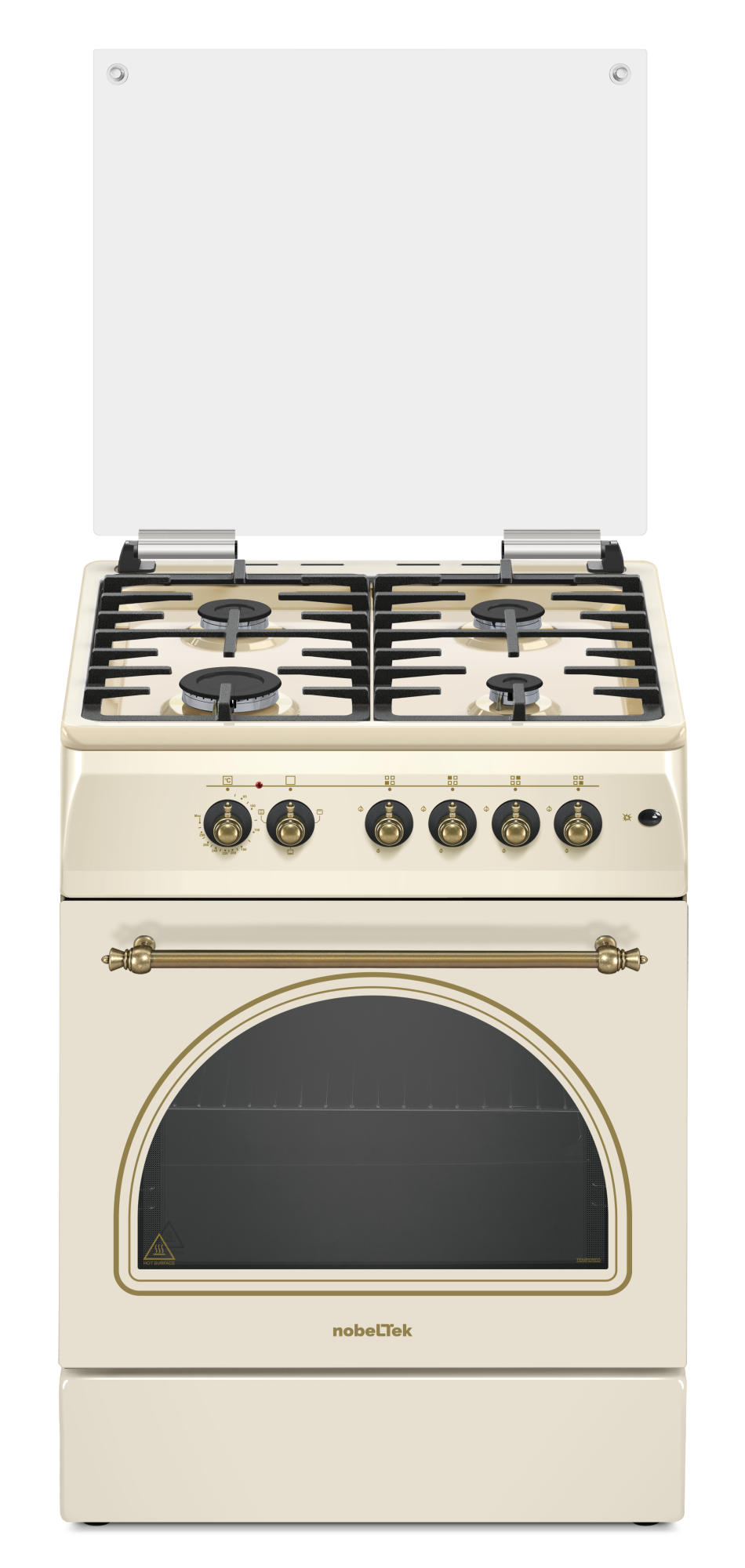 Aragazuri - cuptor electric - Aragaz cu cuptor electric, rustic, 4 arzatoare gaz, aprindere electrica, gratare fonta, lumina, GPL, Bej, NOBELTEK