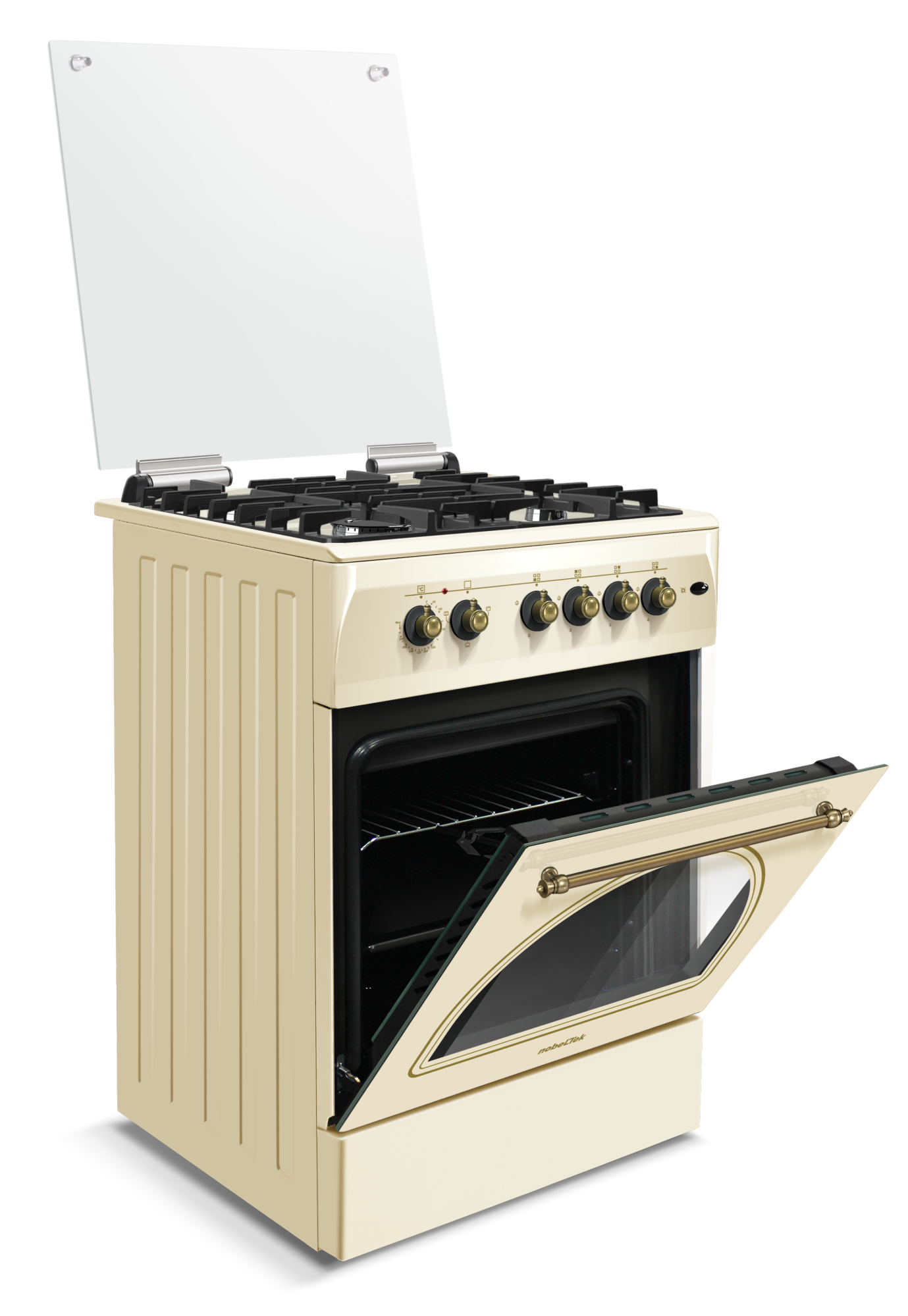 Aragaz cu cuptor electric, rustic, 4 arzatoare gaz, aprindere electrica, gratare fonta, lumina, GPL, Bej, NOBELTEK [2]