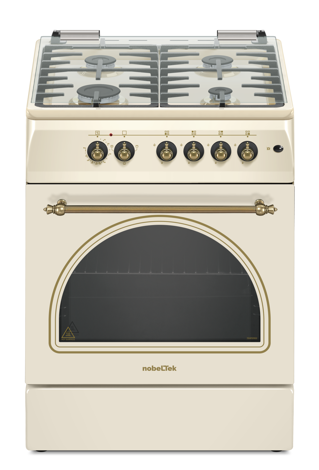 Aragaz cu cuptor electric, rustic, 4 arzatoare gaz, aprindere electrica, gratare fonta, lumina, GPL, Bej, NOBELTEK [1]