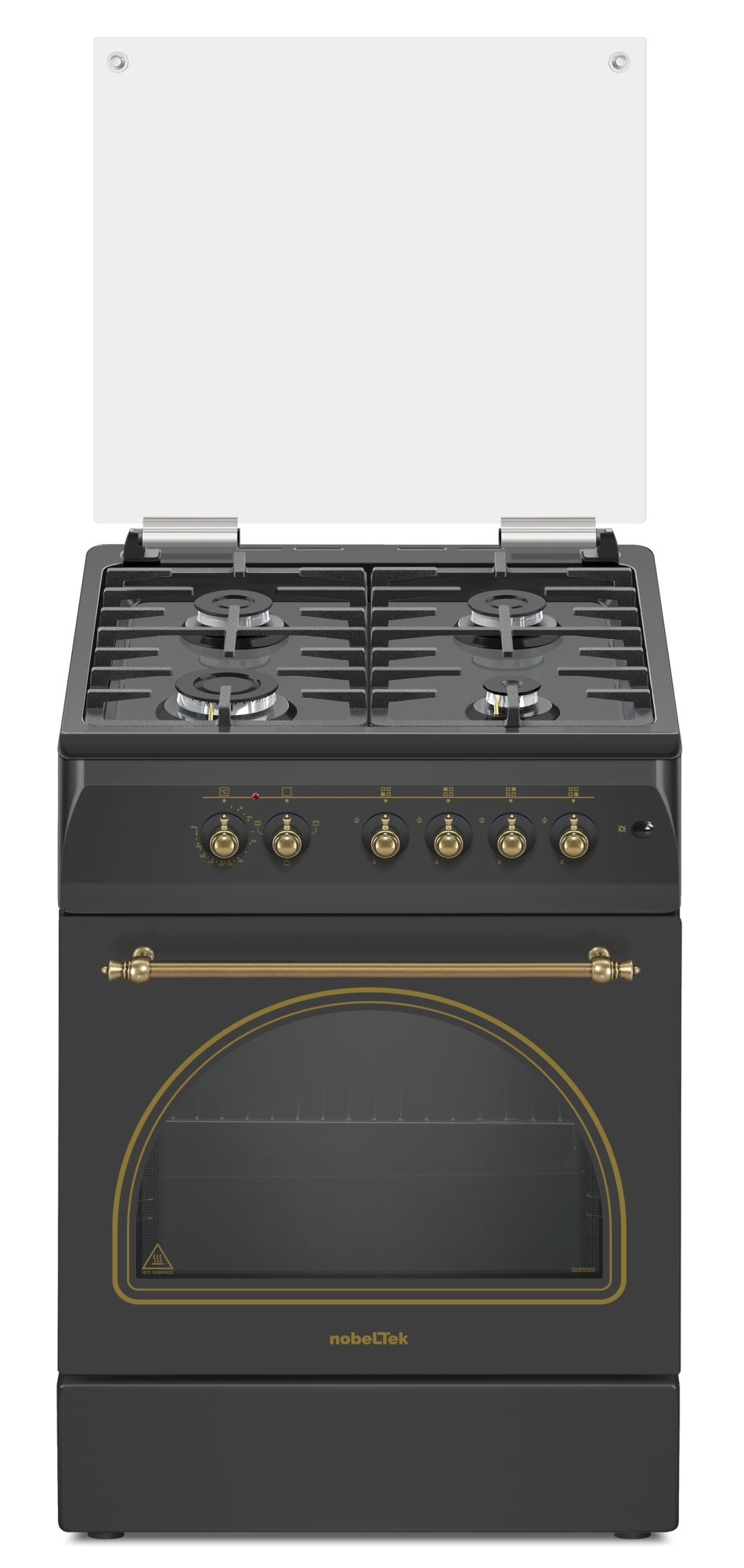 Aragazuri - cuptor electric - Aragaz cu cuptor electric, rustic, 4 arzatoare gaz, aprindere electrica, gratare fonta, lumina, GPL, Negru, NOBELTEK