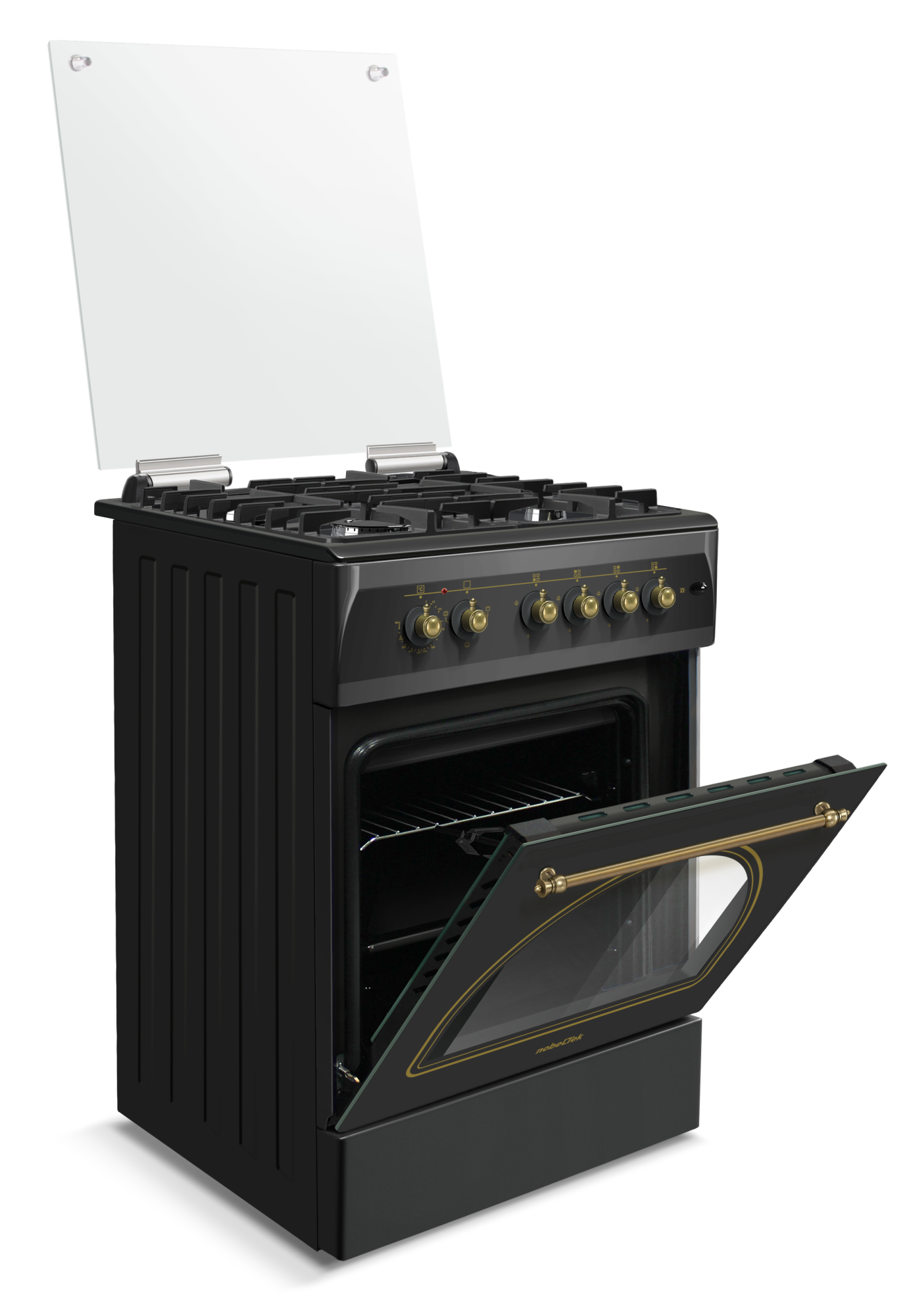 Aragaz cu cuptor electric, rustic, 4 arzatoare gaz, aprindere electrica, gratare fonta, lumina, GPL, Negru, NOBELTEK [2]