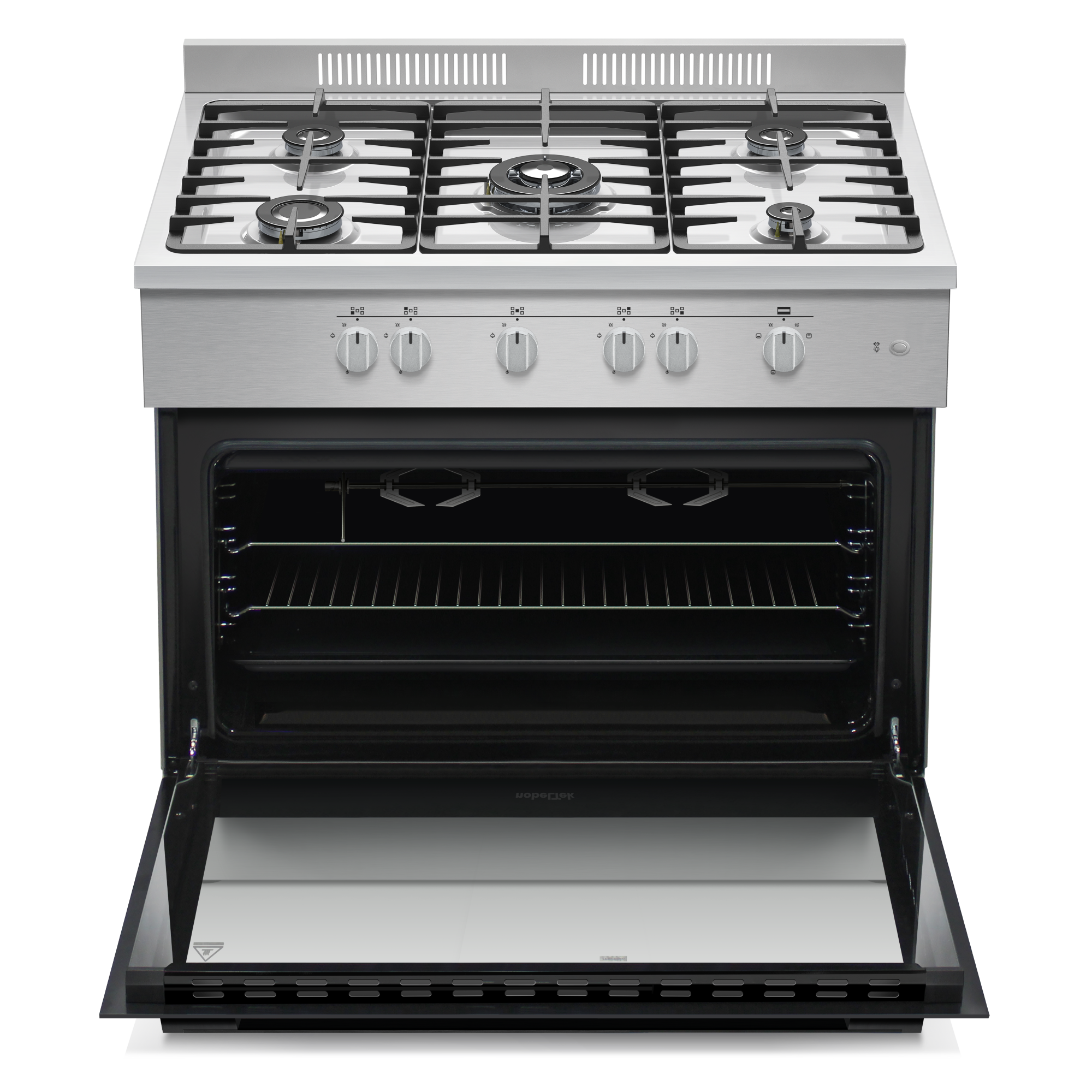 Aragaz cu cuptor pe gaz, 102 l,  5 arzatoare, WOK (flacara tripla), aprindere electrica, lumina, rotisor, grill, gratare fonta, INOX, NOBELTEK [1]