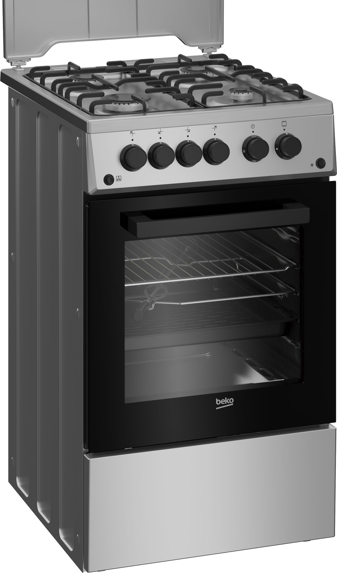 Aragaz cu cuptor pe gaz, 4 arzatoare. aprindere electrica, 50 x 60 cm, cuptor 55 L, lumina, inox, BEKO [1]