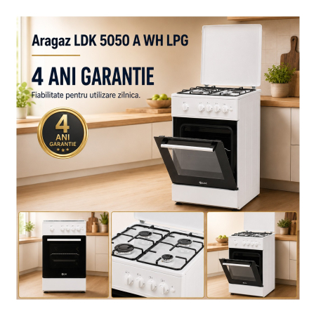 Aragaz cu cuptor pe gaz, 4 arzatoare, aprindere electrica, capac metalic, 50 x 50 cm, GPL + GN, Alb, LDK [5]
