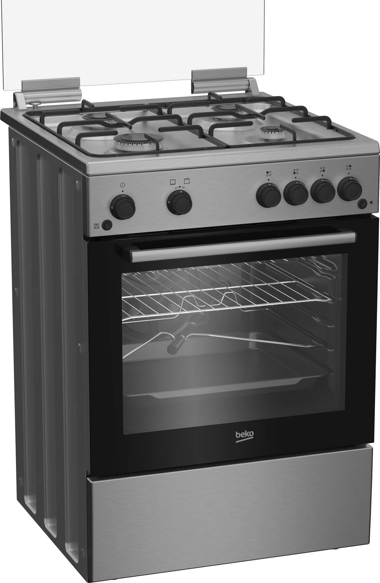 Aragaz cu cuptor pe gaz, 4 arzatoare, aprindere electrica, rotisor, grill, timer, 60 cm, Inox, BEKO [1]