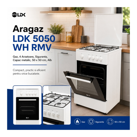 Aragaz cu cuptor pe gaz, 4 arzatoare, capac metalic, 50 x 50 cm, 2 in 1, GPL, Alb, LDK [3]