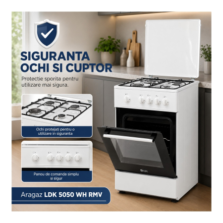 Aragaz cu cuptor pe gaz, 4 arzatoare, capac metalic, 50 x 50 cm, GPL + GN, Alb, LDK [5]