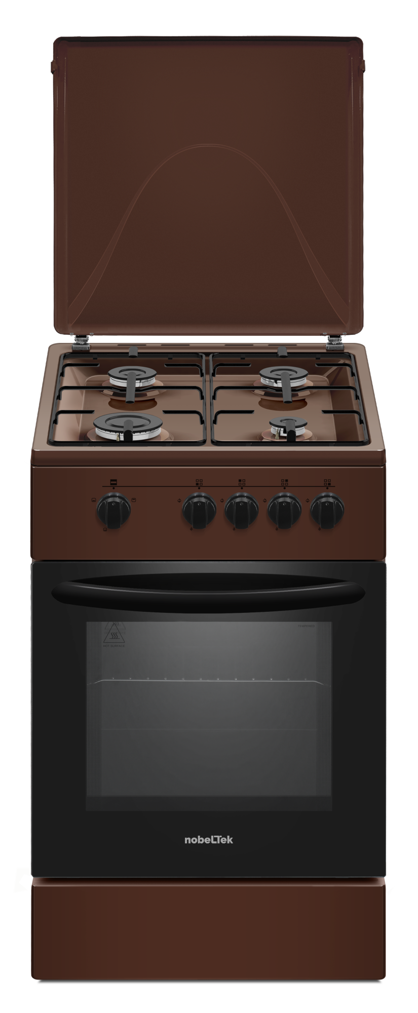 Aragazuri - cuptor gaz - Aragaz cu cuptor pe gaz, 4 arzatoare, GPL, 50 x 55 cm, siguranta gaz, capac metalic, email, Maro, NOBELTEK