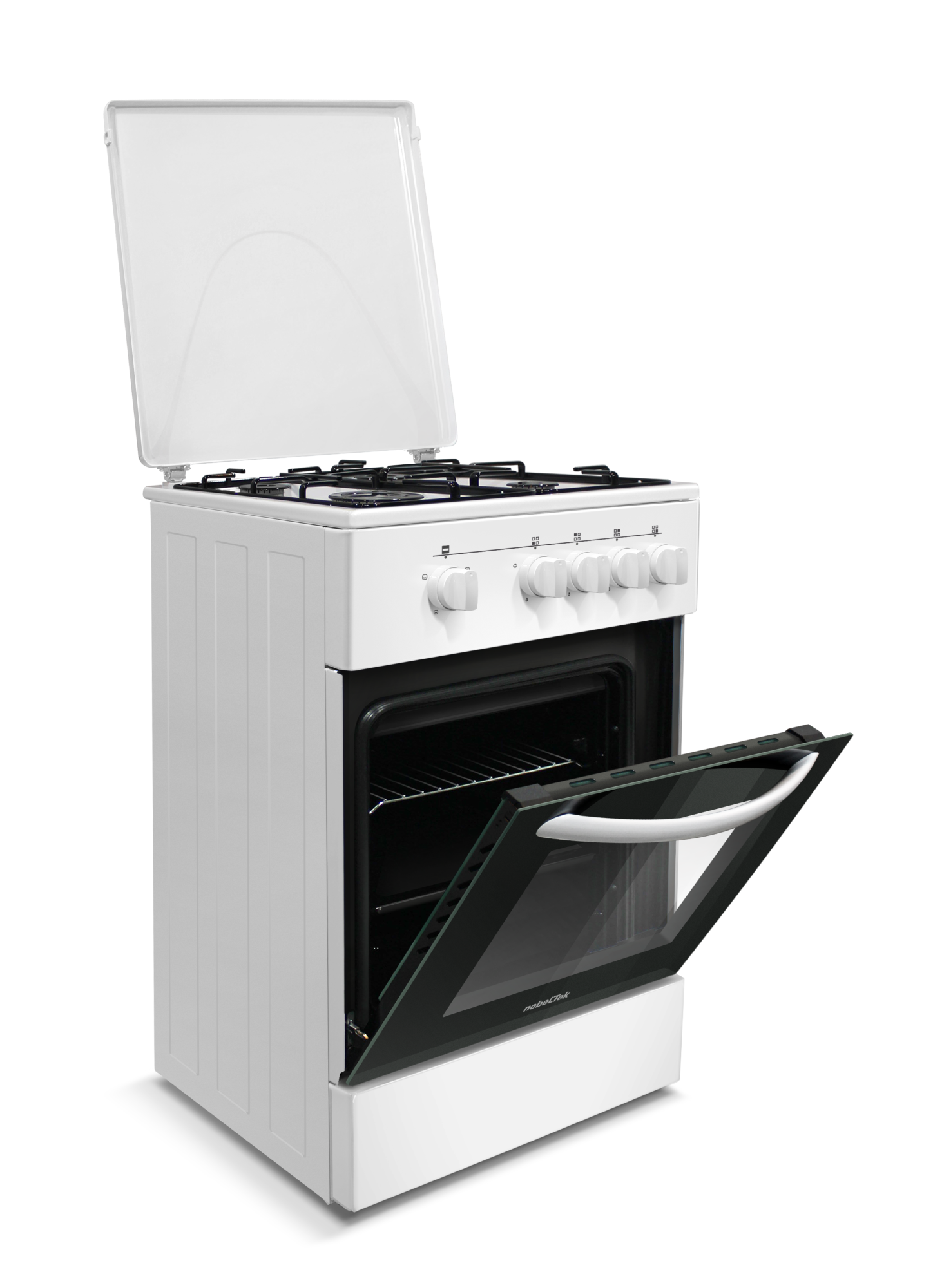 Aragaz cu cuptor pe gaz, 4 arzatoare, GPL, 50 x 60 cm, siguranta gaz, capac metalic, email, Alb, NOBELTEK [3]