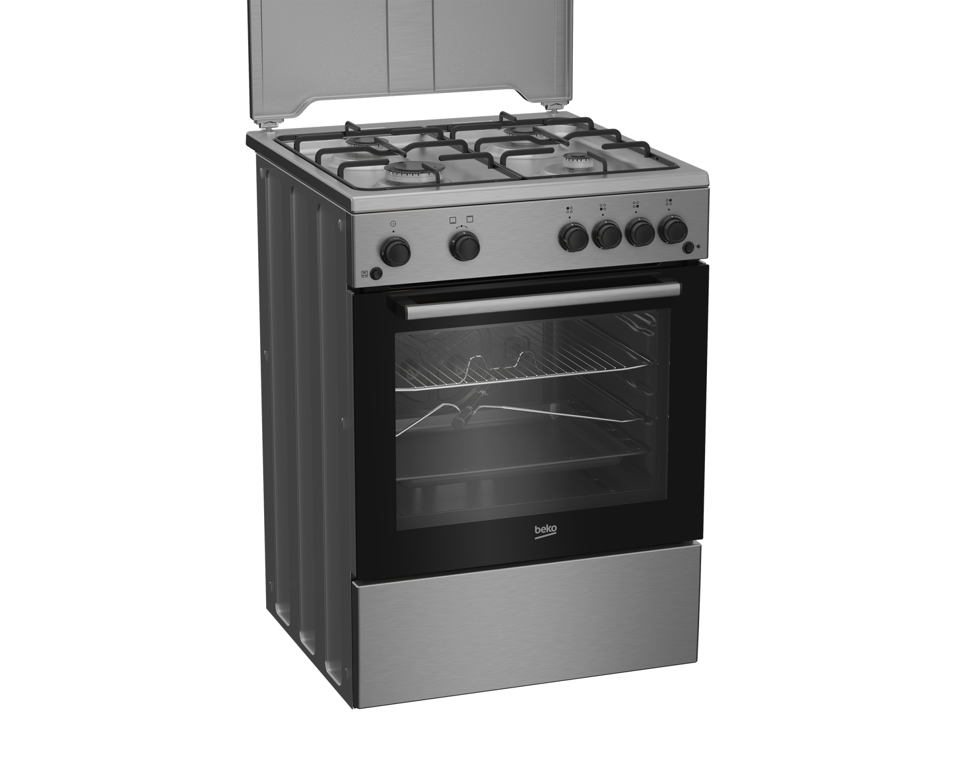 Aragaz cu cuptor pe gaz, 4 arzatoare, grill, 60 cm, rotisor, aprindere electrica plita si cuptor, Inox, BEKO [1]