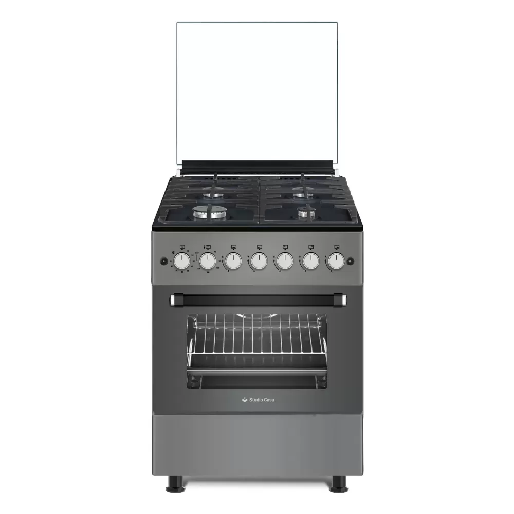 Casa & Gradina - Aragaz cu cuptor pe gaz, 4 arzatoare, grill electric, rotisor, 60 x 60 cm, gratare fonta, clasa A, aprindere electrica, gri, Studio Casa Scala Graphite Grey