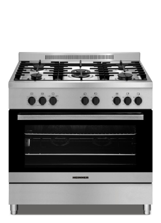 Aragazuri & Plite - Aragaz cu cuptor pe gaz, 5 arzatoare, grill, gratare fonta, aprindere electrica, lumina, timer, rotisor, INOX, HEINNER