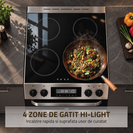 Aragaz Electric SAMUS SM569VDE Inox, Plită Vitroceramică 4 Zone, Cuptor 59 L, Clasa A, 11 Funcții, Grill, Ventilație, Touch Control, 50 cm. [2]