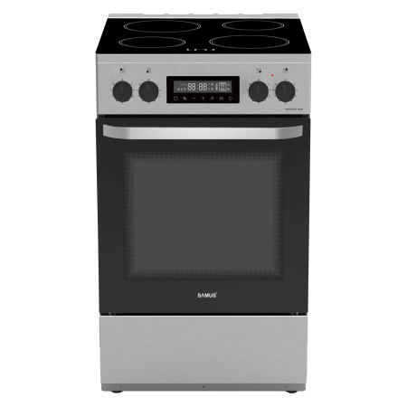 Aragazuri - cuptor electric - Aragaz Electric SAMUS SM569VDE Inox, Plită Vitroceramică 4 Zone, Cuptor 59 L, Clasa A, 11 Funcții, Grill, Ventilație, Touch Control, 50 cm.
