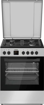 Aragazuri & Plite - Aragaz mixt, 4 arzatoare gaz, suport fonta, duze GPL, aprindere electrica, cuptor electric, 6 functii, timer, grill, Inox/negru, HEINNER