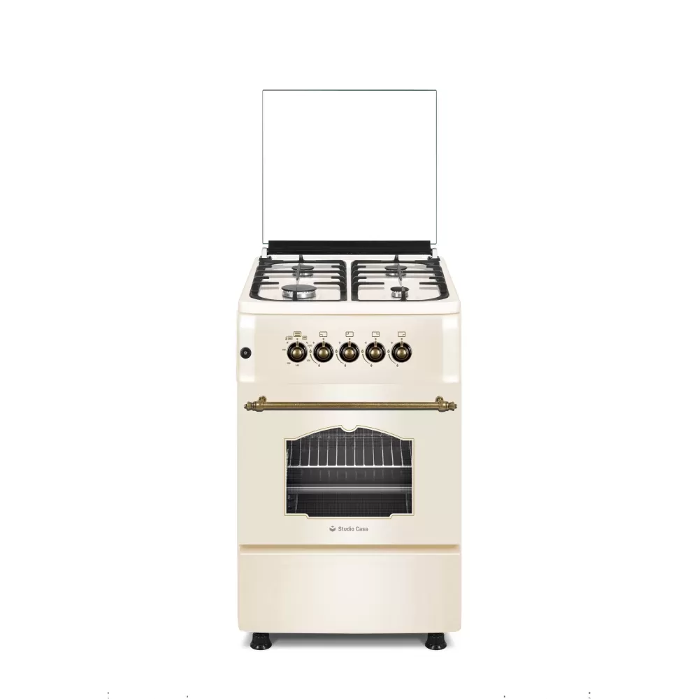 Aragazuri Rustice - Aragaz rustic, 4 arzatoare, cuptor gaz, 50 x 55 cm, grill, aprindere electrica, capac stic, crem, Studio Casa Monza Retro