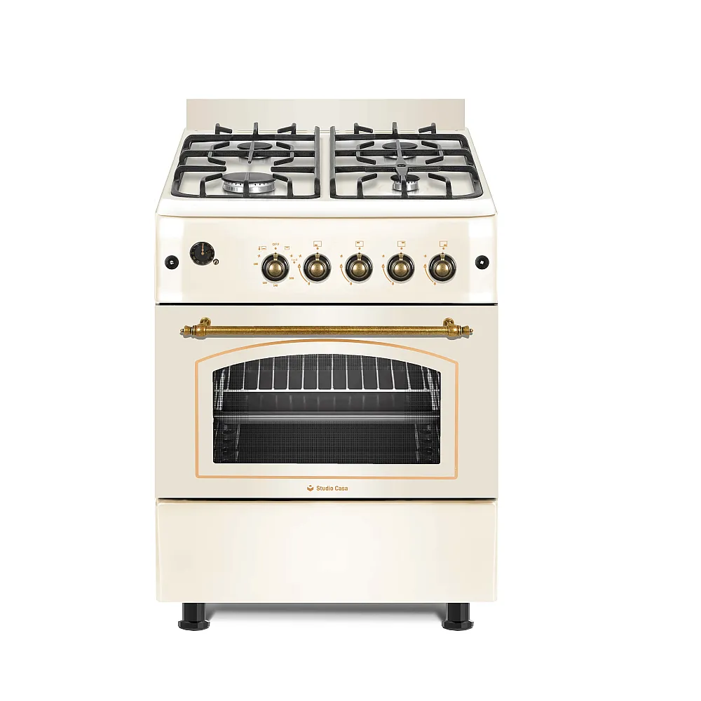 Aragazuri Rustice - Aragaz rustic, 4 arzatoare, cuptor gaz, 60 x 60 cm, rotisor, grill, ventilatie turbo, gratare fonta, beige, Studio Casa Sienna