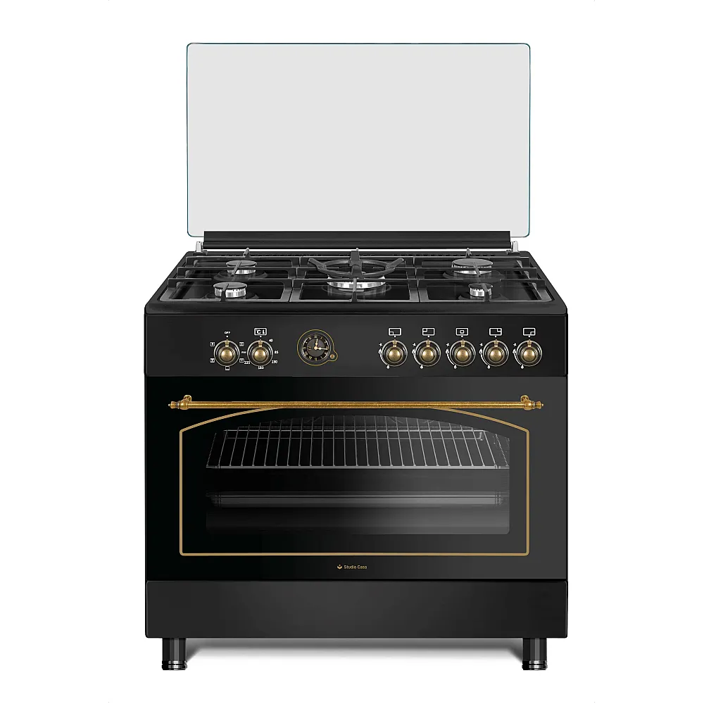 Aragazuri - cuptor electric - Aragaz rustic cu cuptor electric, capac sticla, 5 arzatoare gaz, rotisor, ventilatie, 90 cm, gratare fonta, Studio Casa Ravena Antracit