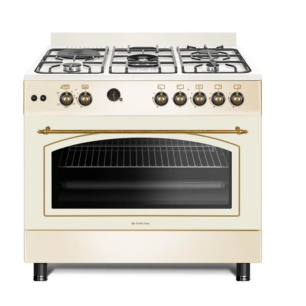 Aragazuri - cuptor gaz - Aragaz rustic cu cuptor pe gaz, mixt, 4 arzatoare gaz + 1 electric, rotisor, grill, 90 cm,  gratare din fonta, Beige, Studio Casa Avena