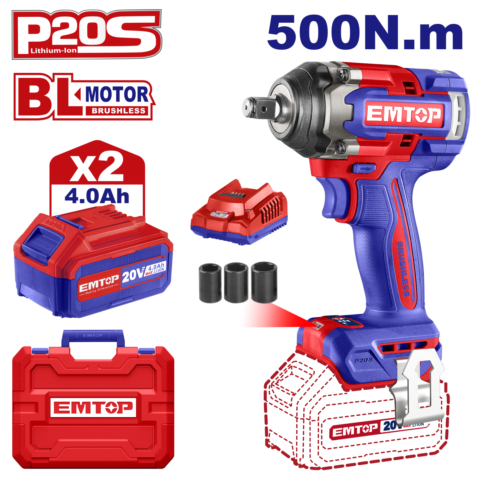 Scule Electrice - Bormasina de impact si insurubat, 2 acumulatori 4.0Ah, 500 Nm, 1/2", 3 capete 21, 22, 24mm, valiza transport, EMTOP