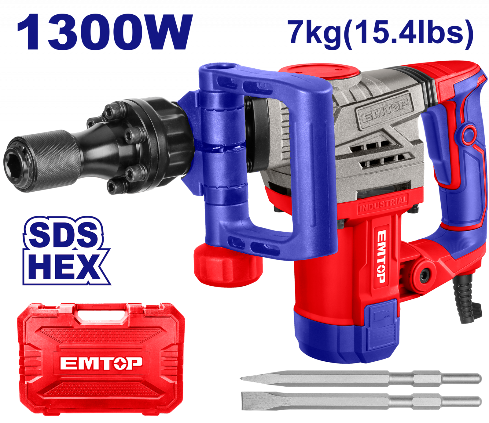 Scule Electrice - Ciocan demolator HEX, 1300W, 20 J, 2 dalti, 7kg, 3800Bpm, valiza transport, EMTOP