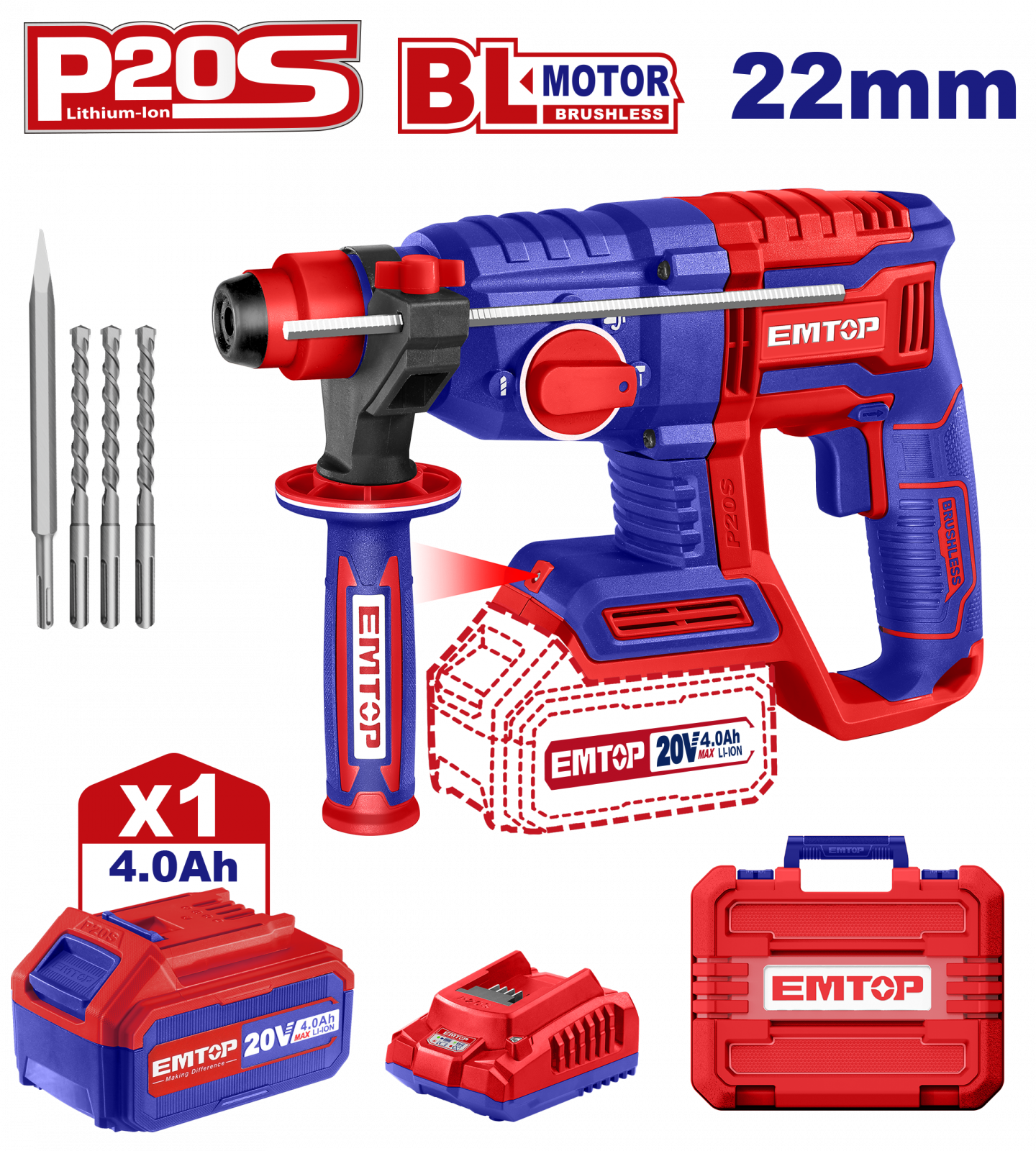 Rotopercutoare - Ciocan rotopercutor cu acumulator, putere 20V 4.0Ah, 22mm, 2.0 J, 3 burghie, valiza transport, EMTOP