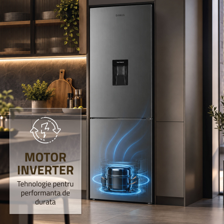 Combina frigorifica, capacitate 313 L, dozator de apa, motor inverter, NO FROST, termostat, dezghetare automata, H 186 cm, Inox, SAMUS [3]