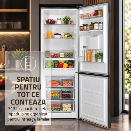 Combina frigorifica, capacitate 313 L, dozator de apa, motor inverter, NO FROST, termostat, dezghetare automata, H 186 cm, Inox, SAMUS [4]