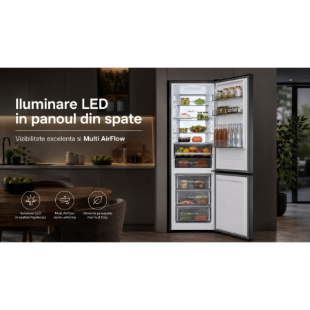 Combina frigorifica, capacitate 405 L, control touch,multi AirFlow, No Frost, lumina LED, H 199 cm, congelare rapida, Dark Inox, LDK [11]