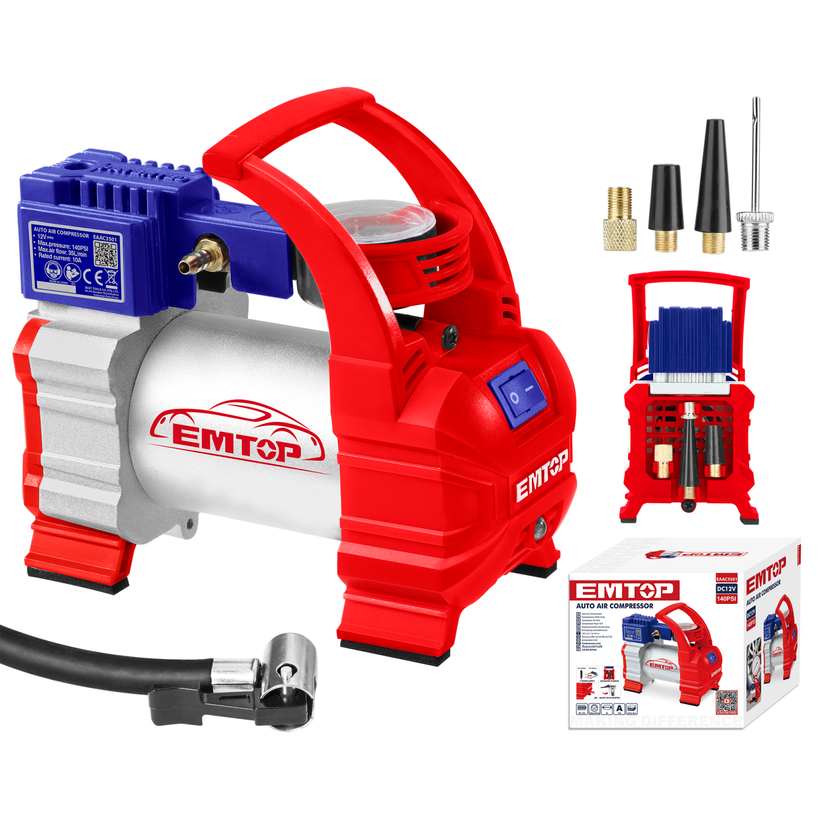 Compresoare - Compresor auto, 10bar, 12V, conectare priza bricheta, clesti baterie, 4 accesorii, lanterna, EMTOP