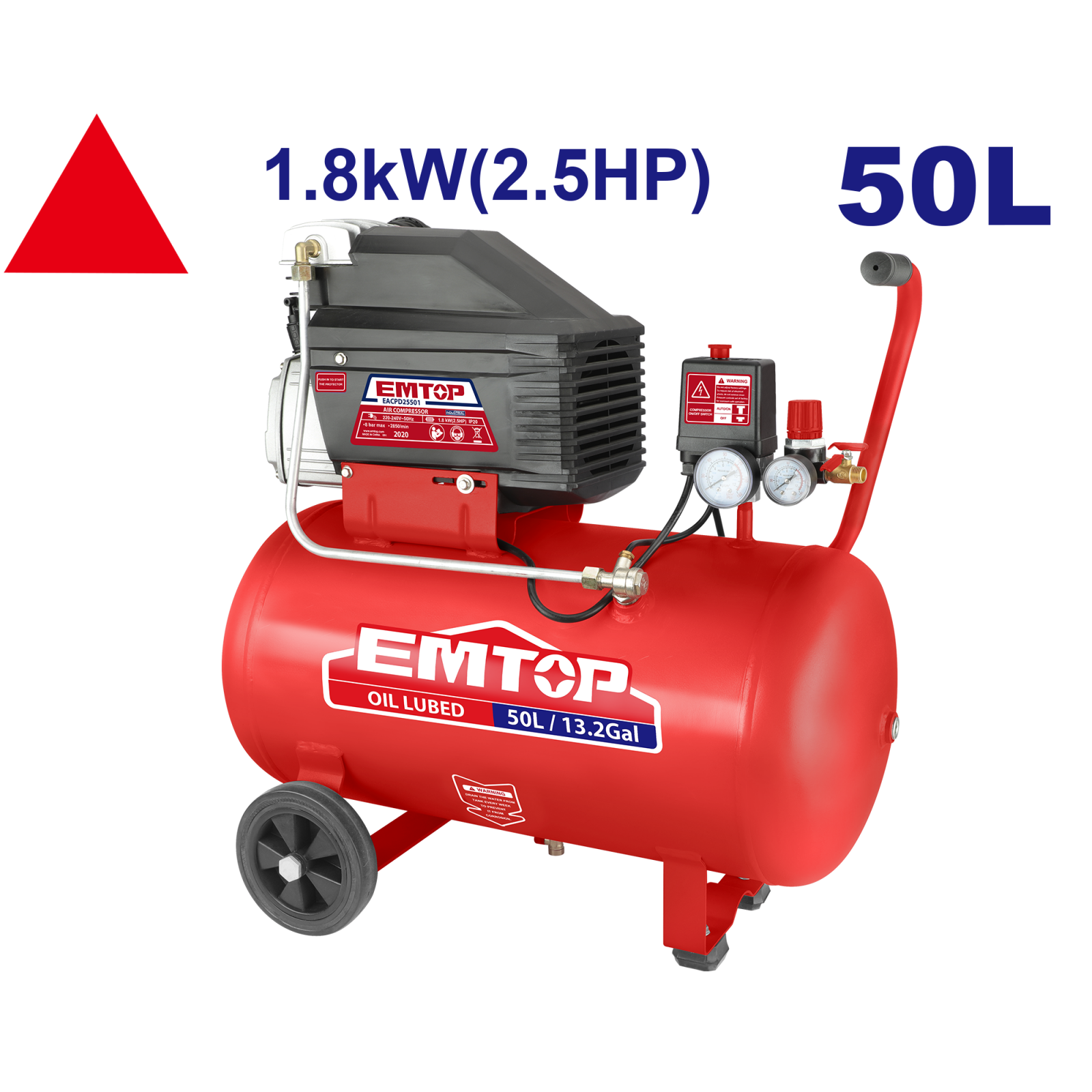 Compresoare - Compresor de aer, capacitate 50L, 2.5 cp, 1800W, 8 bar, 2850Rpm, EMTOP