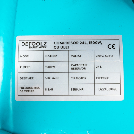 Compresor de aer, fara ulei, 1500W, 24L, 8 bar, debit 160l/min, 2 prize aer, 220V, Detoolz DZ-C332 [6]
