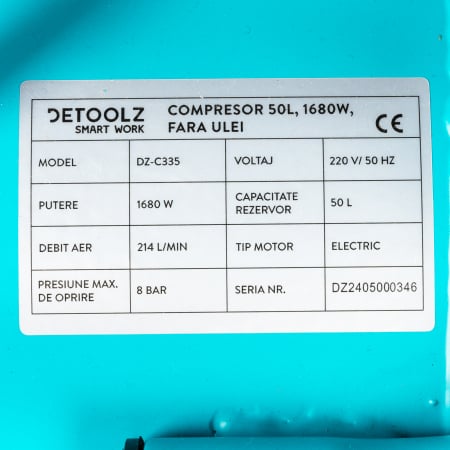 Compresor de aer, fara ulei, 1680W, 50L, 8 bar, debit 214l/min, 2 prize aer, 220V, Detoolz DZ-C335 [2]