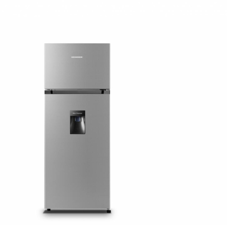 Frigidere - Frigider cu 2 usi, capacitate 206 L, dozator apa, congelator, termostat reglabil, clasa E, lumina LED, Argintiu, HEINNER