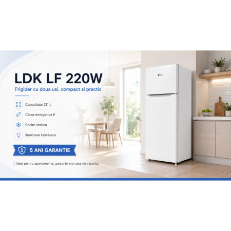 Frigider cu 2 usi, capacitate 211 L, rafturi sticla, lumina LED, H 144 cm, Alb, LDK [7]