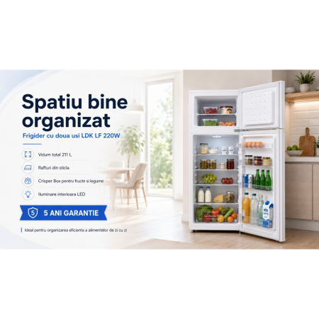 Frigider cu 2 usi, capacitate 211 L, rafturi sticla, lumina LED, H 144 cm, Alb, LDK [10]