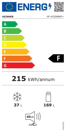 Frigider cu Două Uși HEINNER HF-H2206BKF+, 206 L, Clasa F, Congelator 37 L, Termostat Reglabil, LED, Uși Reversibile, H 143 cm, Negru. [2]