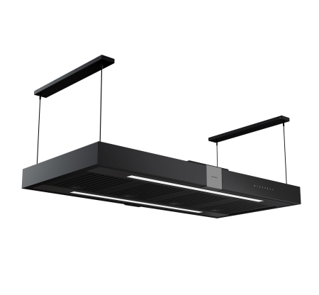 Hote insula - Hota decorativa tip insula, sticla neagra, 5 viteze, clasa A, telecomanda, touch control, 945 m³/h, Pyramis Black Glass