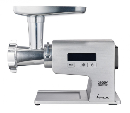 Mașină de Tocat Carne FRAM FMG-MDT2500X, 2500 W, Motor DC, 2 kg/min, Display LCD, Reverse, 2 Site Inox, Accesoriu Roșii, Cârnați și Kibbe, Argintiu. [1]
