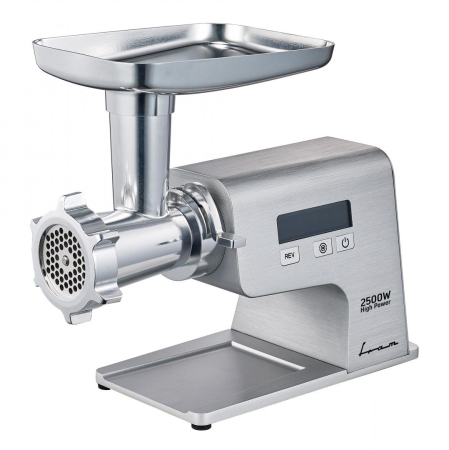 Masini de tocat carne - Mașină de Tocat Carne FRAM FMG-MDT2500X, 2500 W, Motor DC, 2 kg/min, Display LCD, Reverse, 2 Site Inox, Accesoriu Roșii, Cârnați și Kibbe, Argintiu.