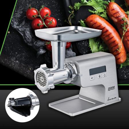 Mașină de Tocat Carne FRAM FMG-MDT2500X, 2500 W, Motor DC, 2 kg/min, Display LCD, Reverse, 2 Site Inox, Accesoriu Roșii, Cârnați și Kibbe, Argintiu. [6]