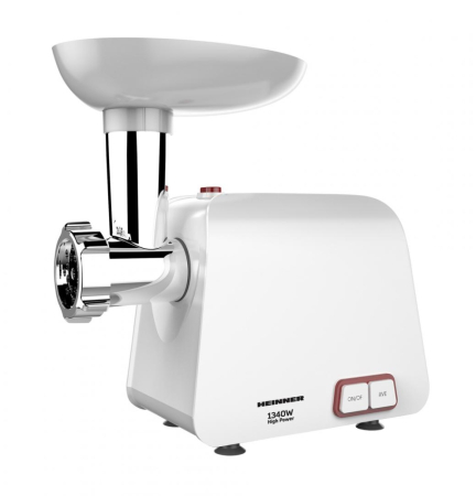 Electrocasnice mici - Masina de tocat carne, putere 1340 W, accesoriu pt rosii, carnati, cutit inox, 2 site, Alb, HEINNER